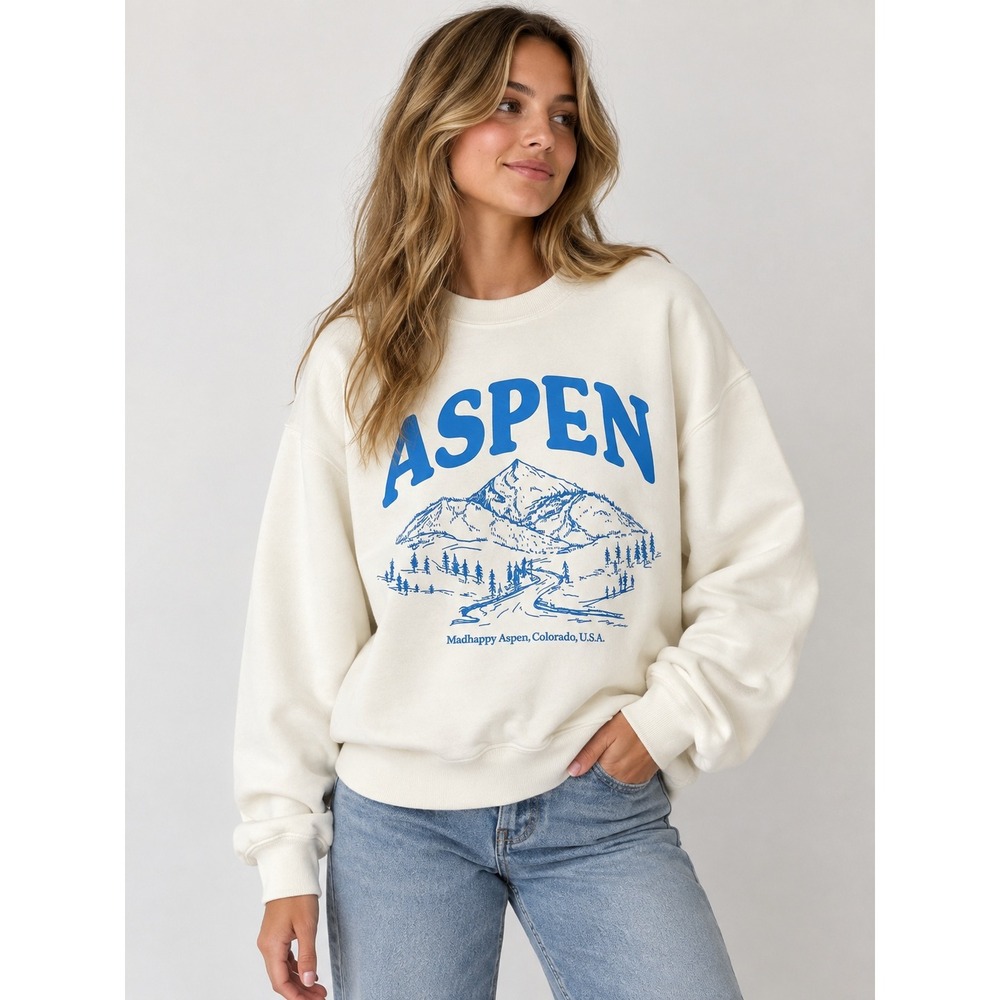 Madhappy Aspen Colorado Exclusive Mountain Graphic Fleece Sweatshirt Cream Small